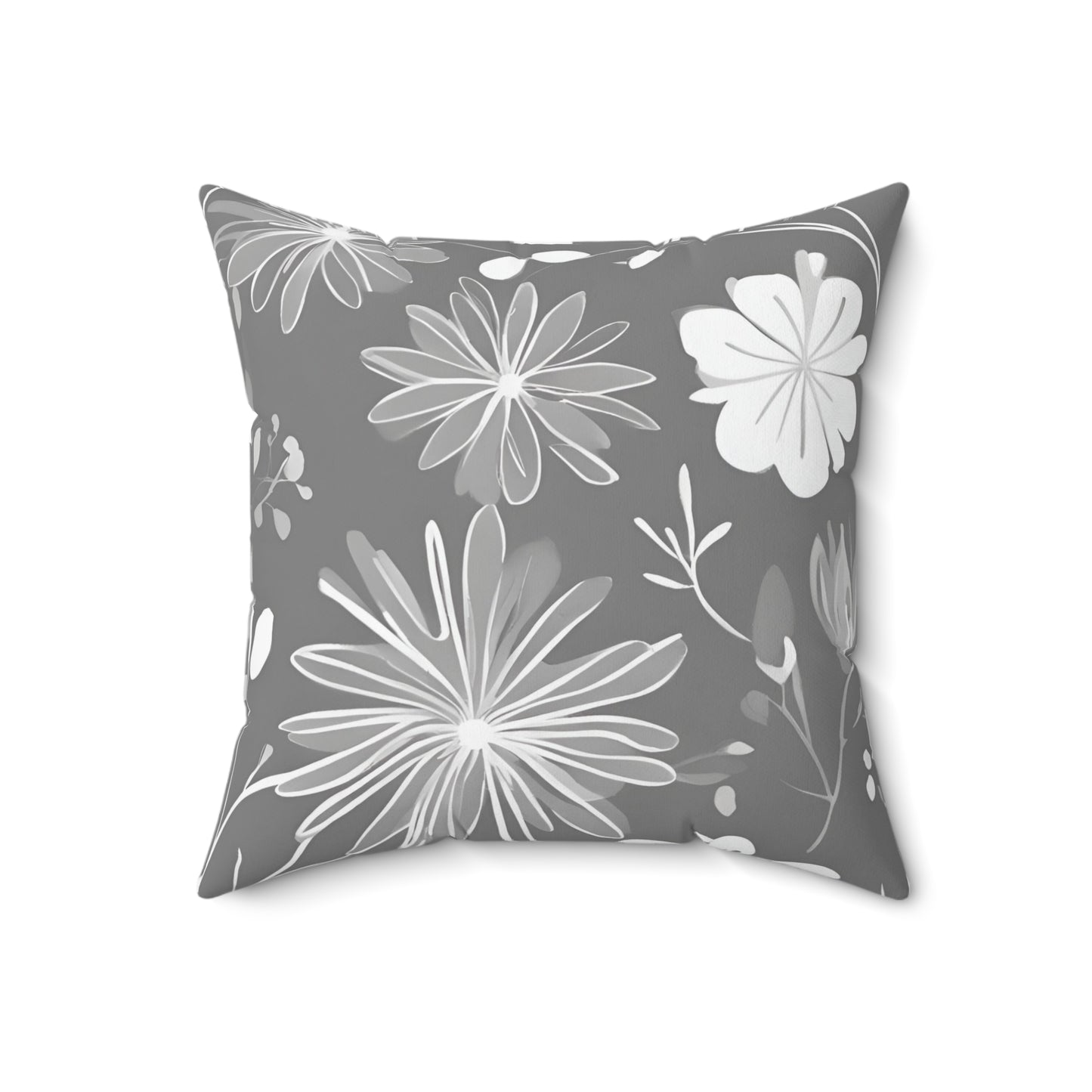 Grey And White Floral Decorative Throw Pillow