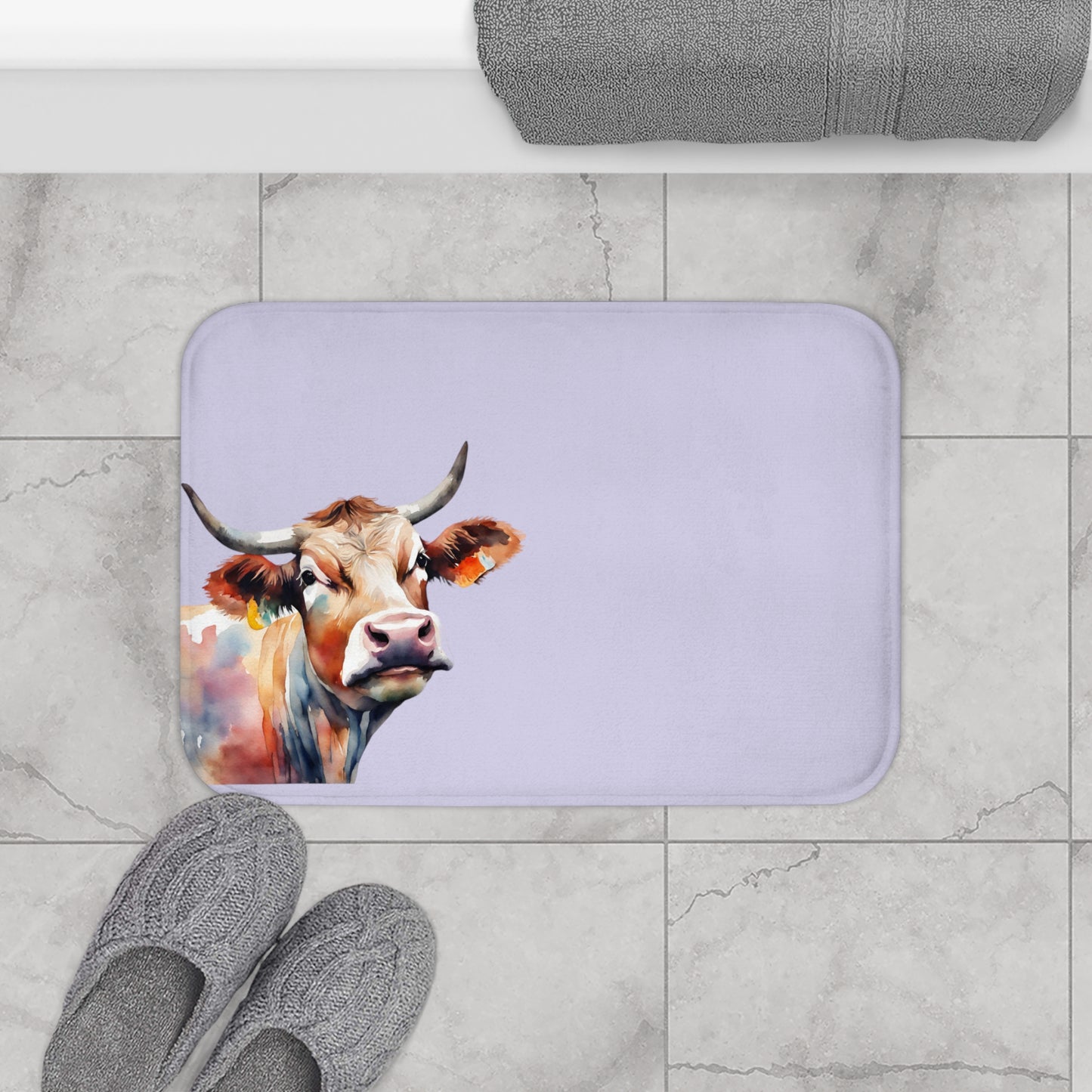 Watercolor Cow In Amethyst Bath Mat