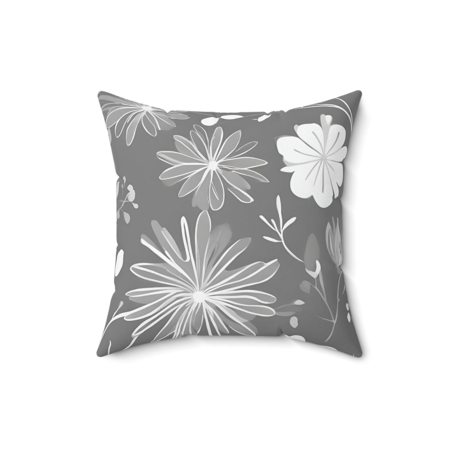 Grey And White Floral Decorative Throw Pillow