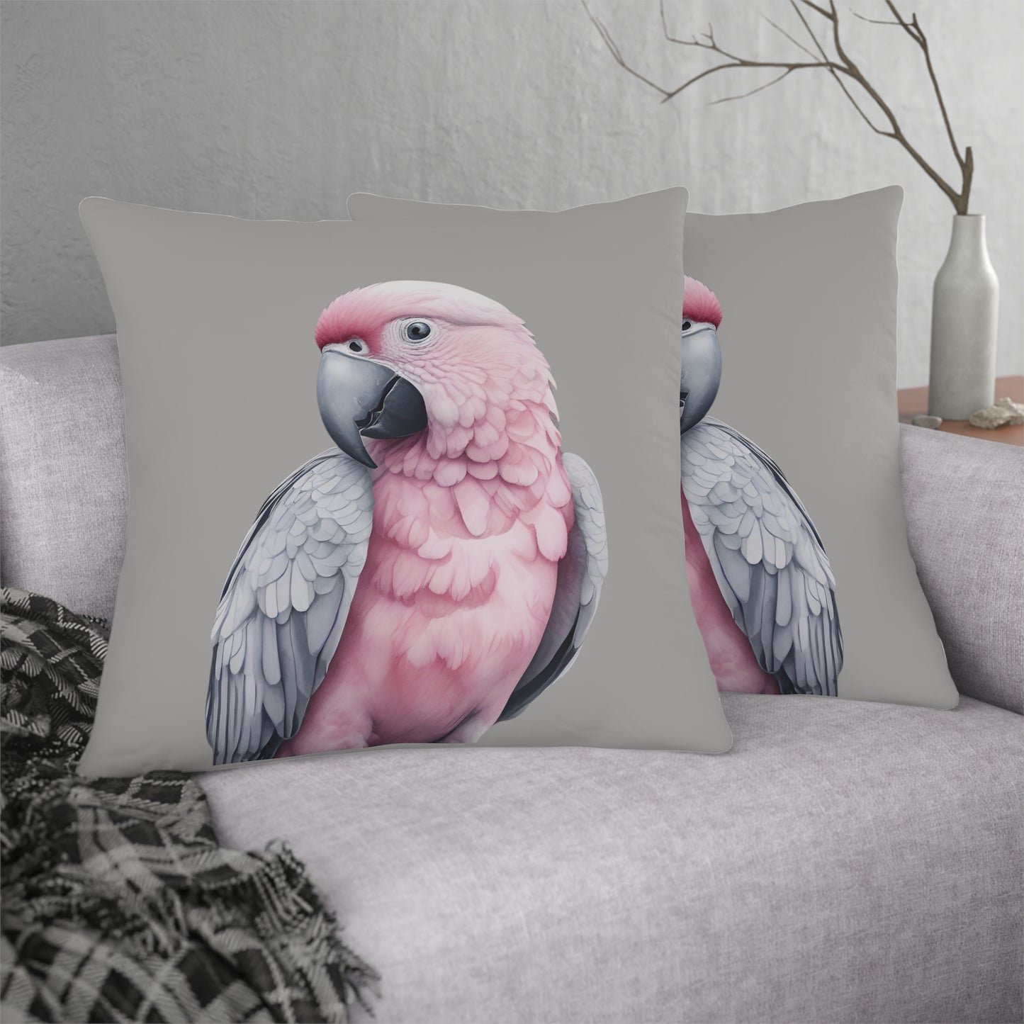 Grey And Pink Peek-A-Boo Parrot, Indoor/Outdoor Waterproof Pillow