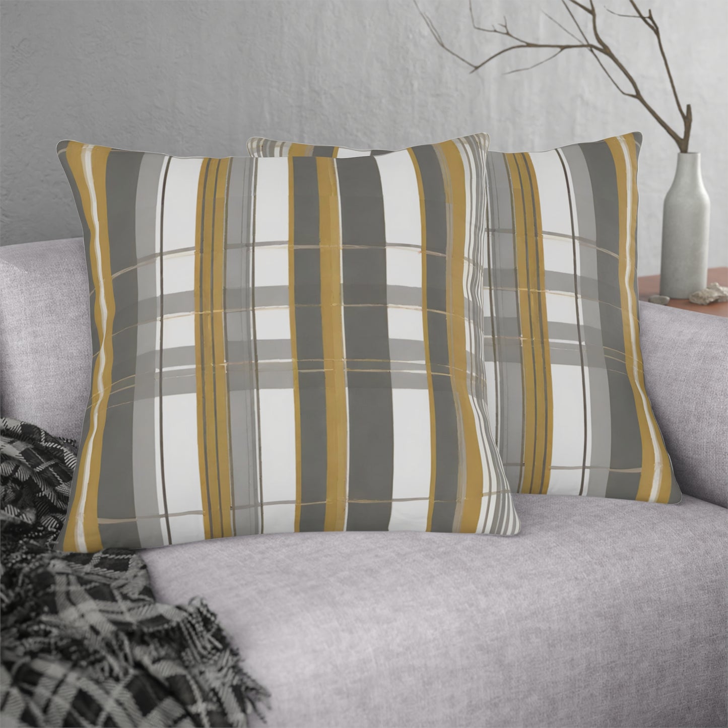 White, Grey & Gold Plaid, Indoor/Outdoor Waterproof Pillow