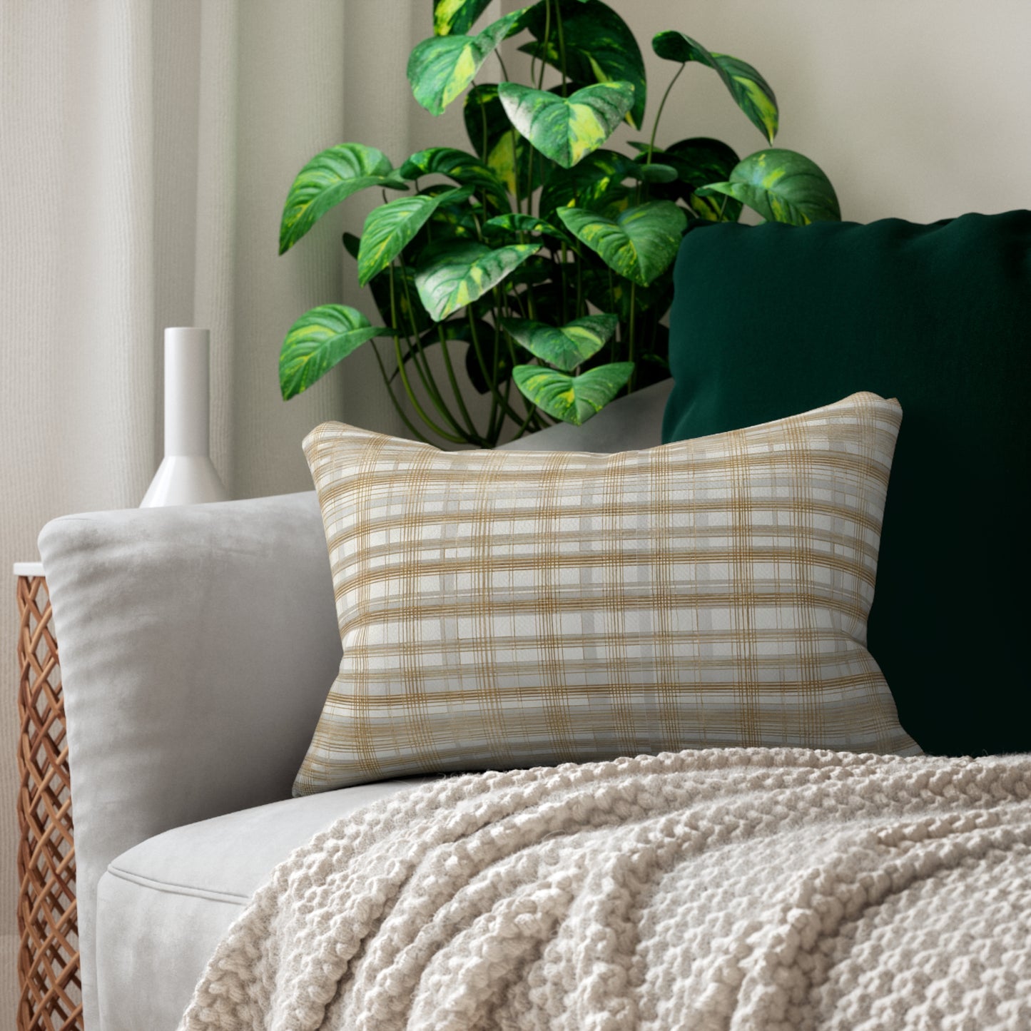 Gold And Grey Plaid Lumbar Pillow