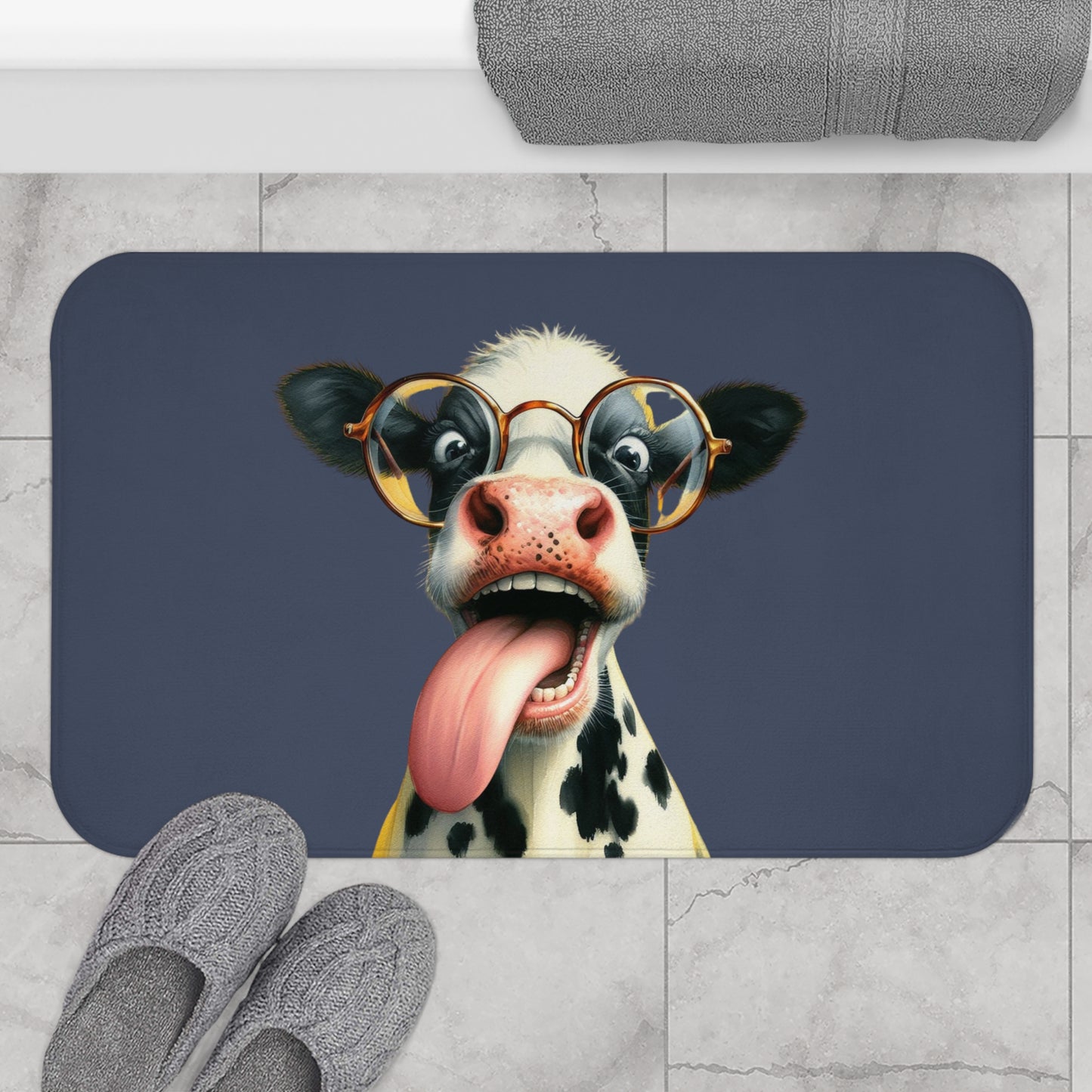 Fun Crazy Cow In Navy Blue Bath Mat