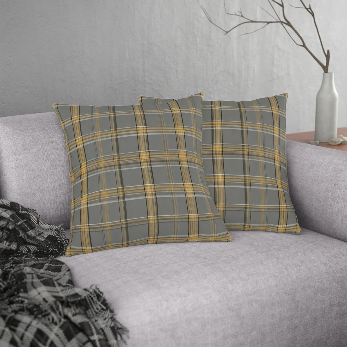 Grey & Gold Plaid, Indoor/Outdoor Waterproof Pillow