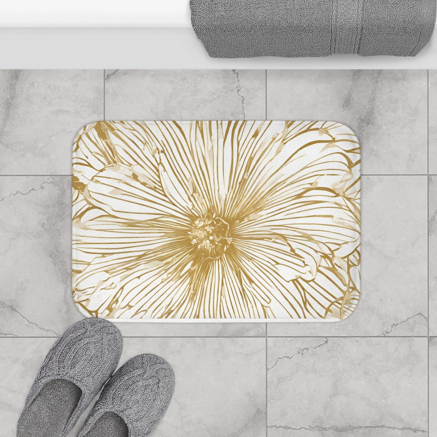 Graphic Gold & White Floral Bath Mat