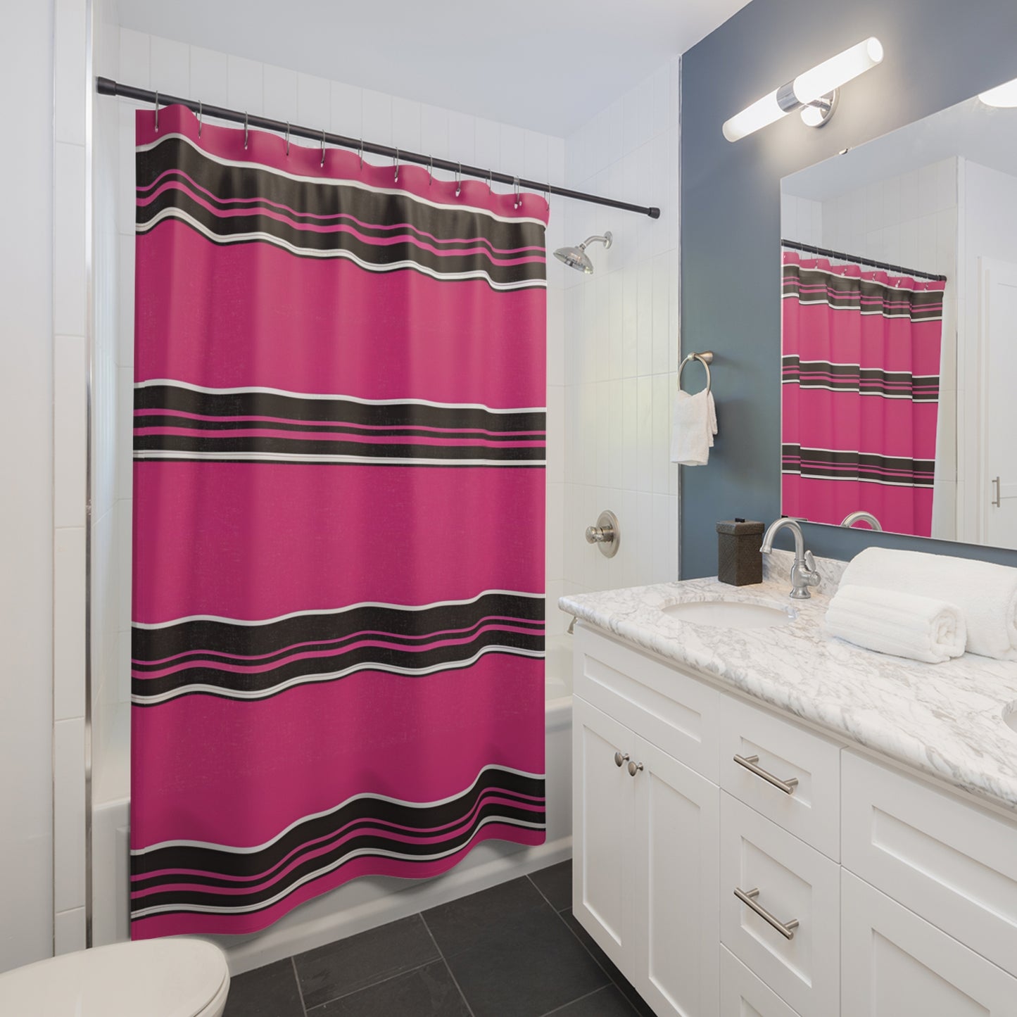 Hot Pink White And Black Striped Shower Curtain