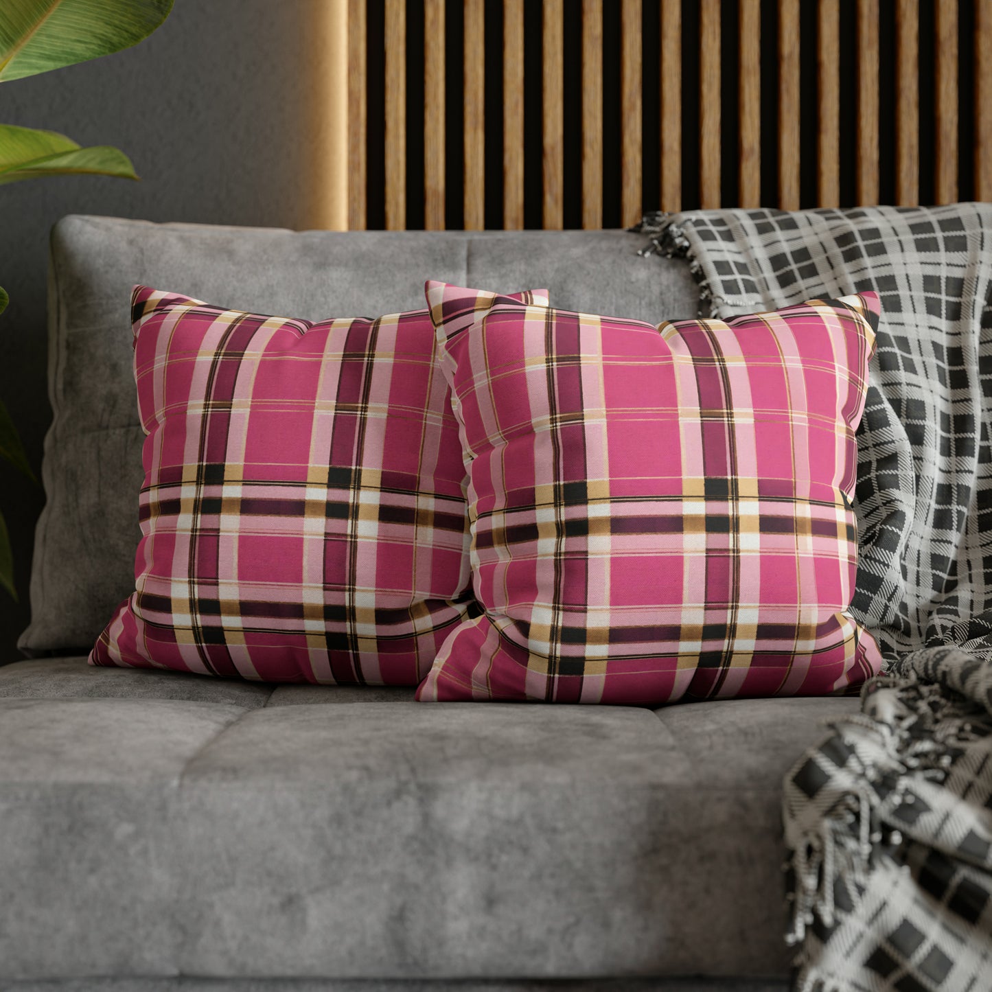 Pink, Gold, And Black Plaid Throw Pillow Cover
