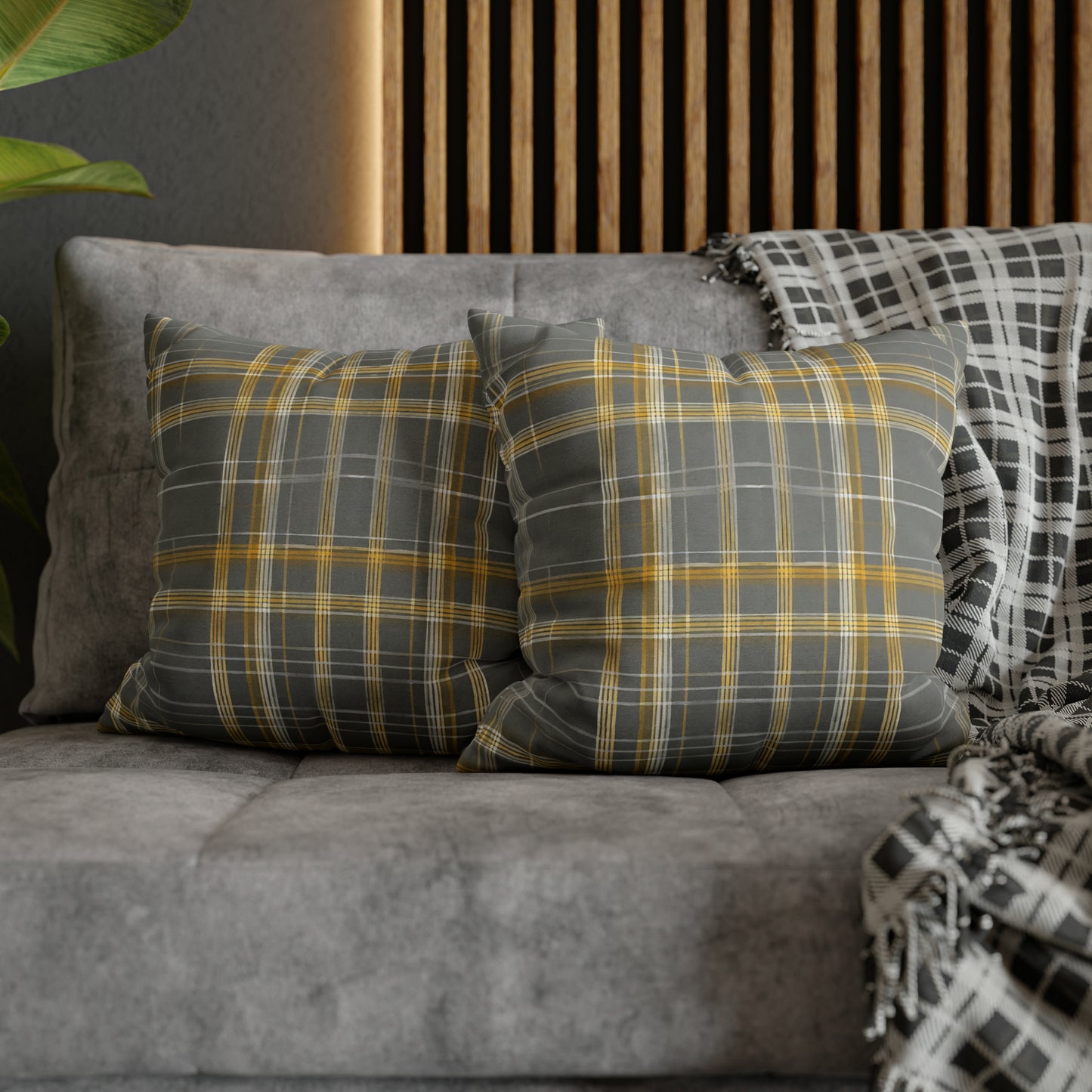 Gold And Grey Plaid Throw Pillow Cover
