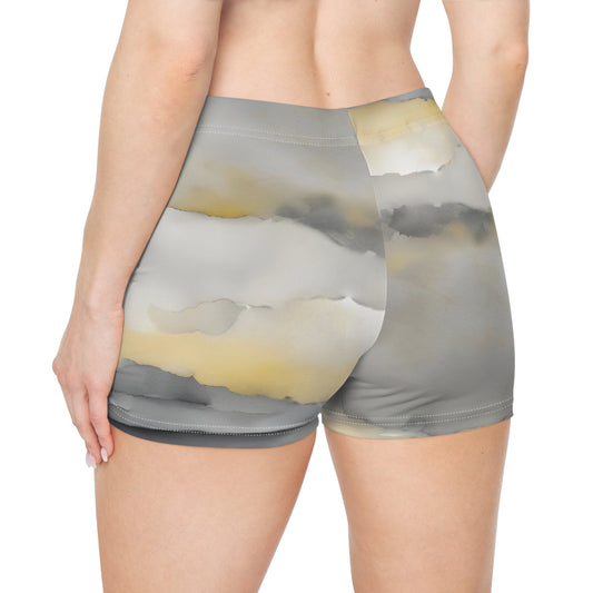 Yellow Umbrella Beach Watercolor Scene Yellow Grey And White Booty Shorts