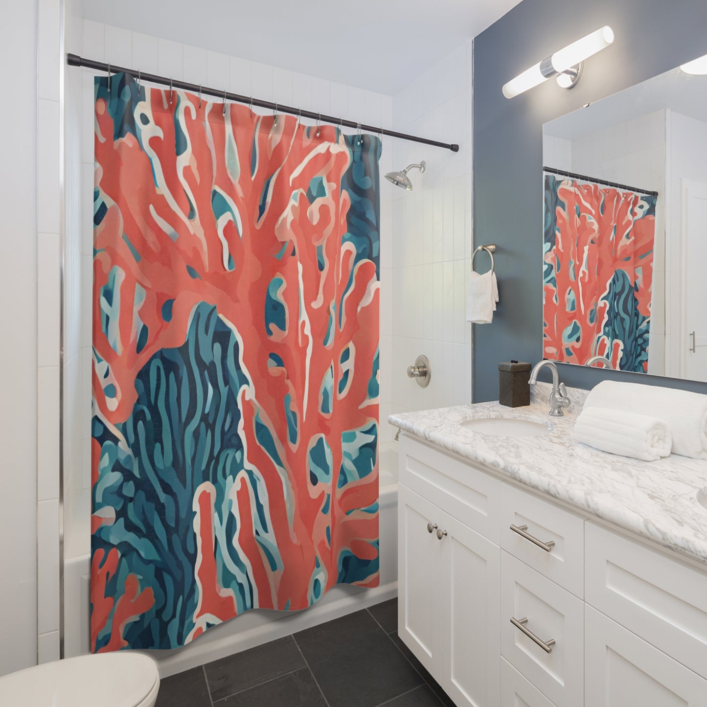 Orange Blue And White Coral Shower Curtain