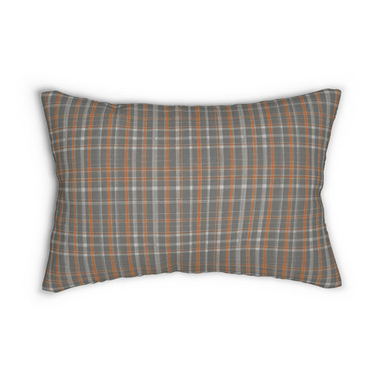 Grey And Orange Plaid Lumbar Pillow