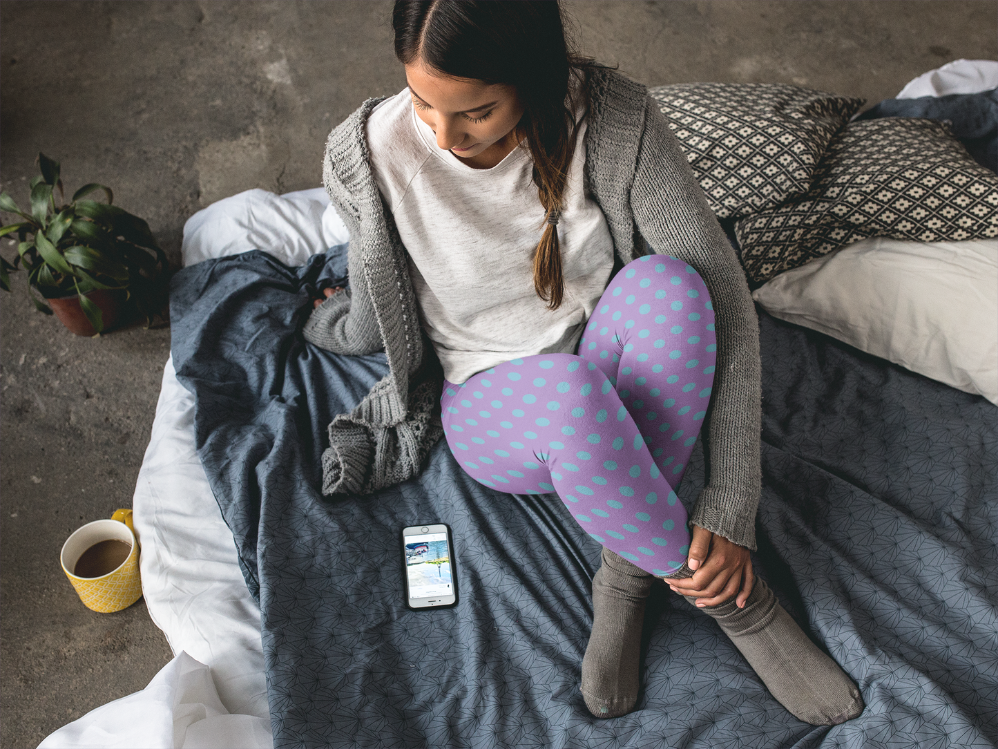 Purple With Blue Polka Dots, Women's Full-Length Leggings
