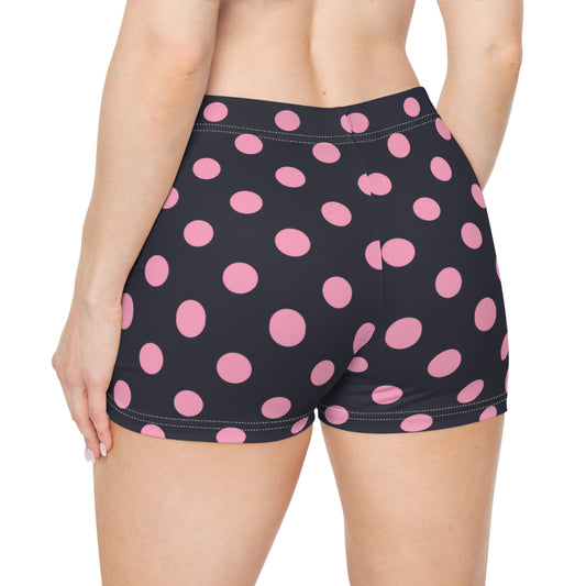 Pink Polka Dots On Dark Blue Cutie Booty Shorts