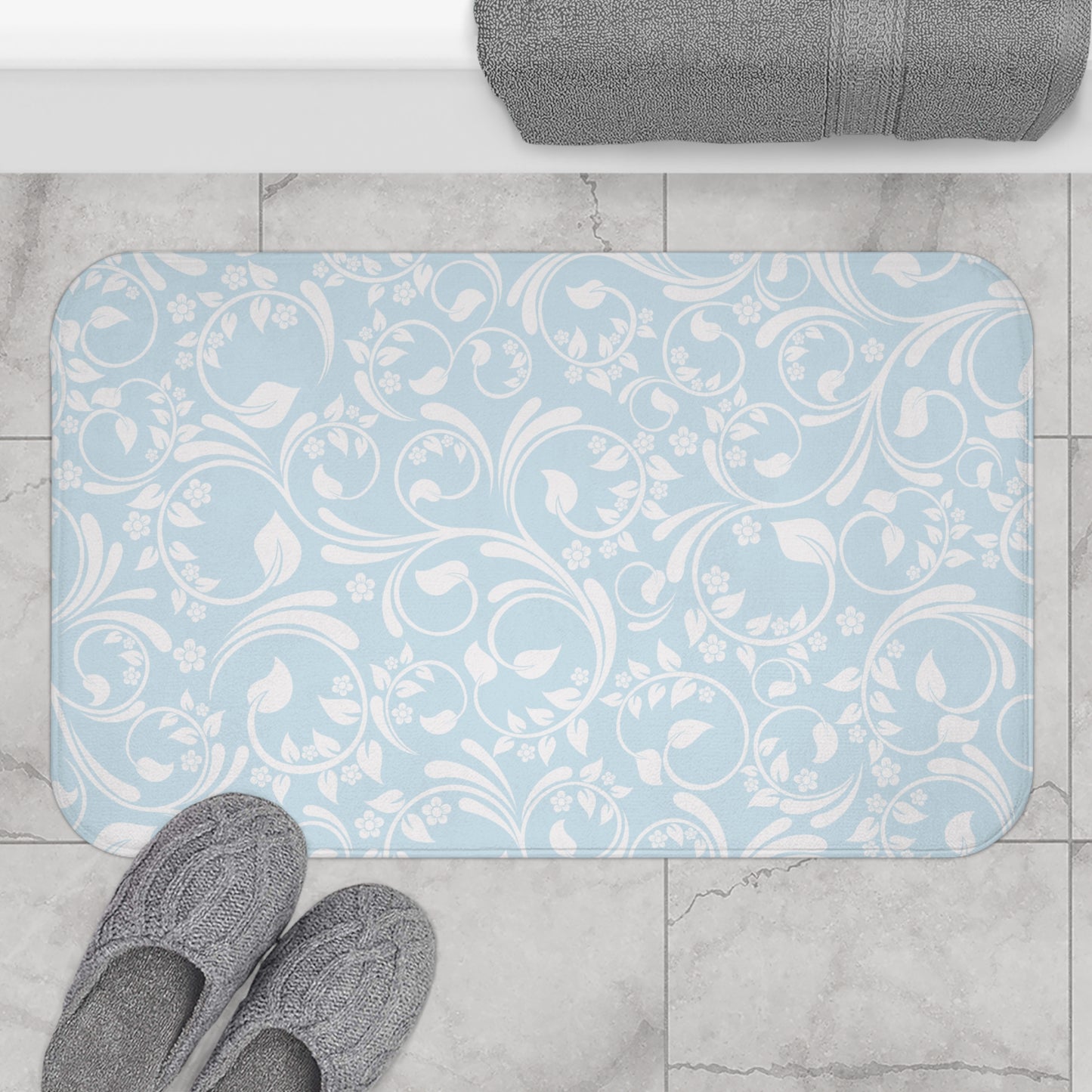 Blue And Light Grey Ornate Vine Floral Bath Mat