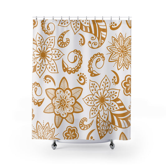 Off White And Gold Graphic Floral Shower Curtain