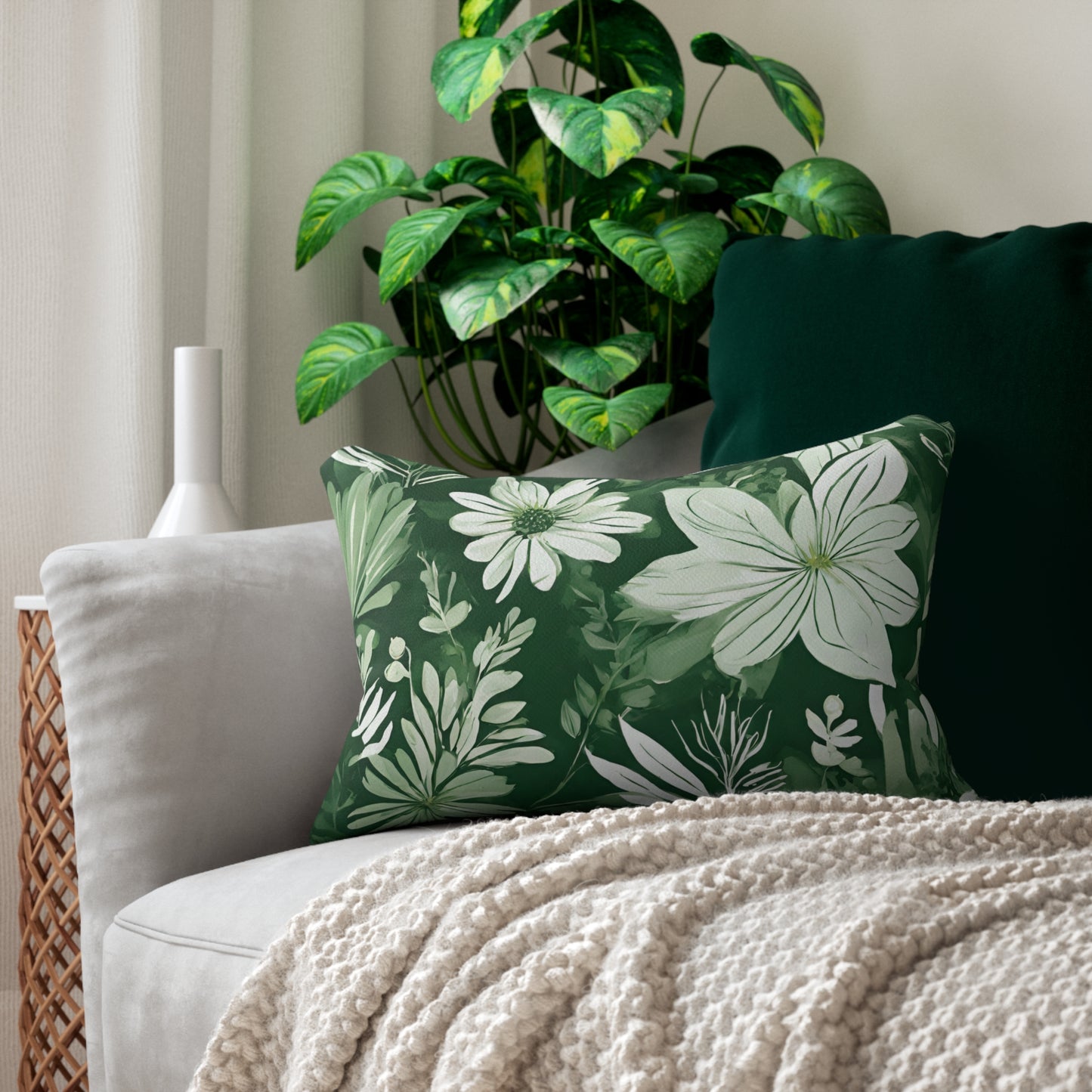 Green And White Wildflower Floral Lumbar Pillow