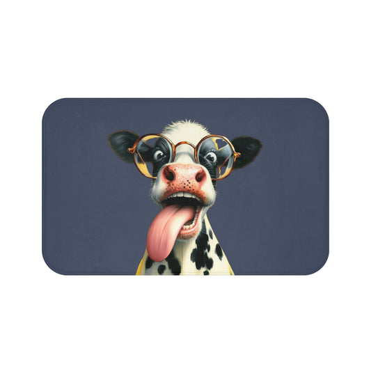 Fun Crazy Cow In Navy Blue Bath Mat