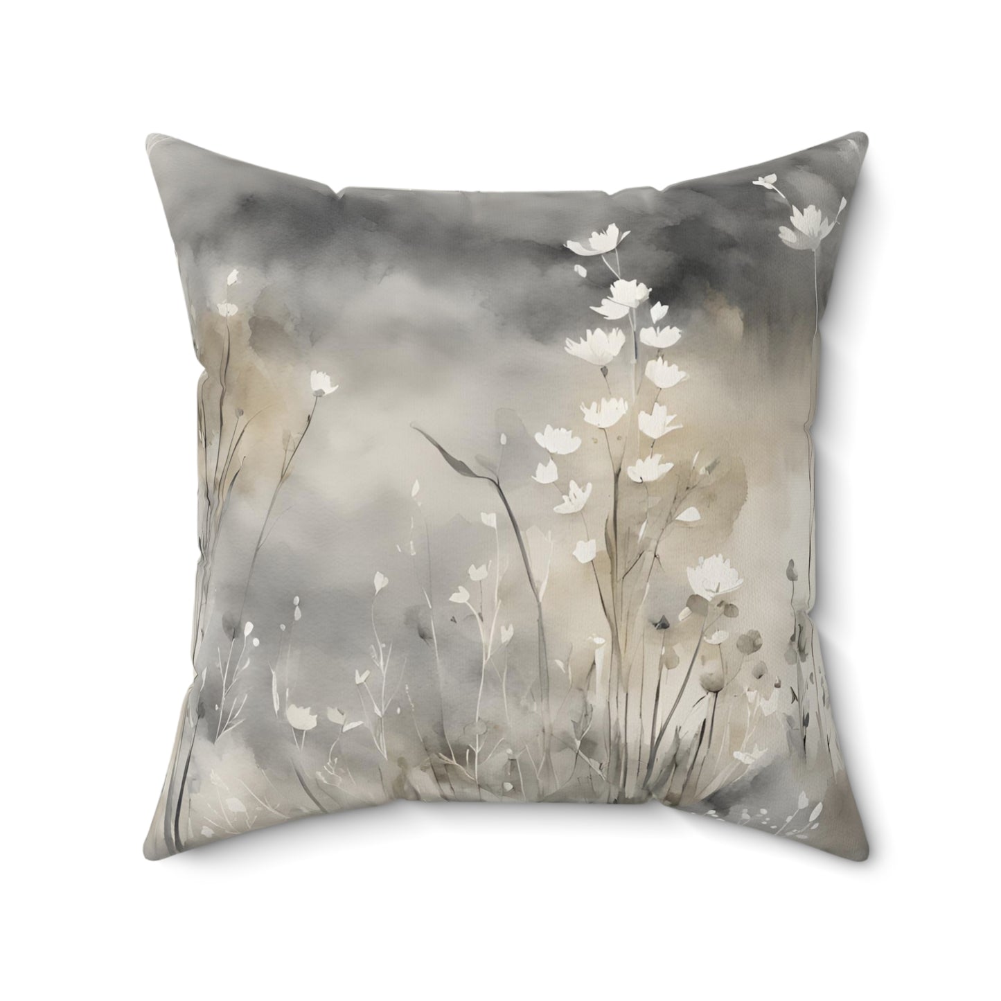 Grey Cream And White Wildflower Field Decorative Throw Pillow