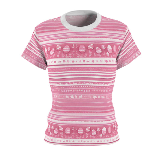 Pink & White Stripes With Cute Little Flowers And Eggs, Women's Classic Short Sleeve T-Shirt