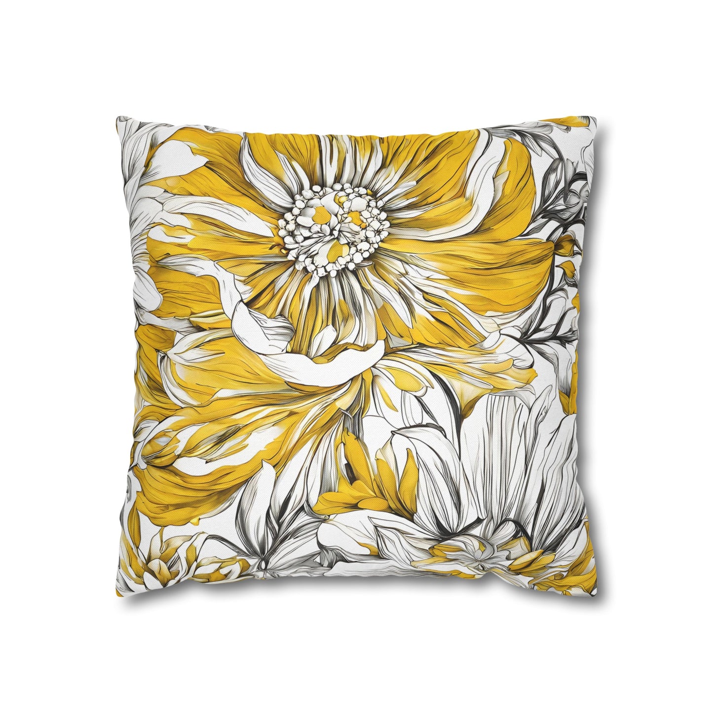 Yellow Grey And White Graphic Floral Throw Pillow Cover