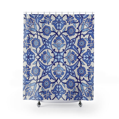 Blue And Light Grey Moroccan Inspired Shower Curtain