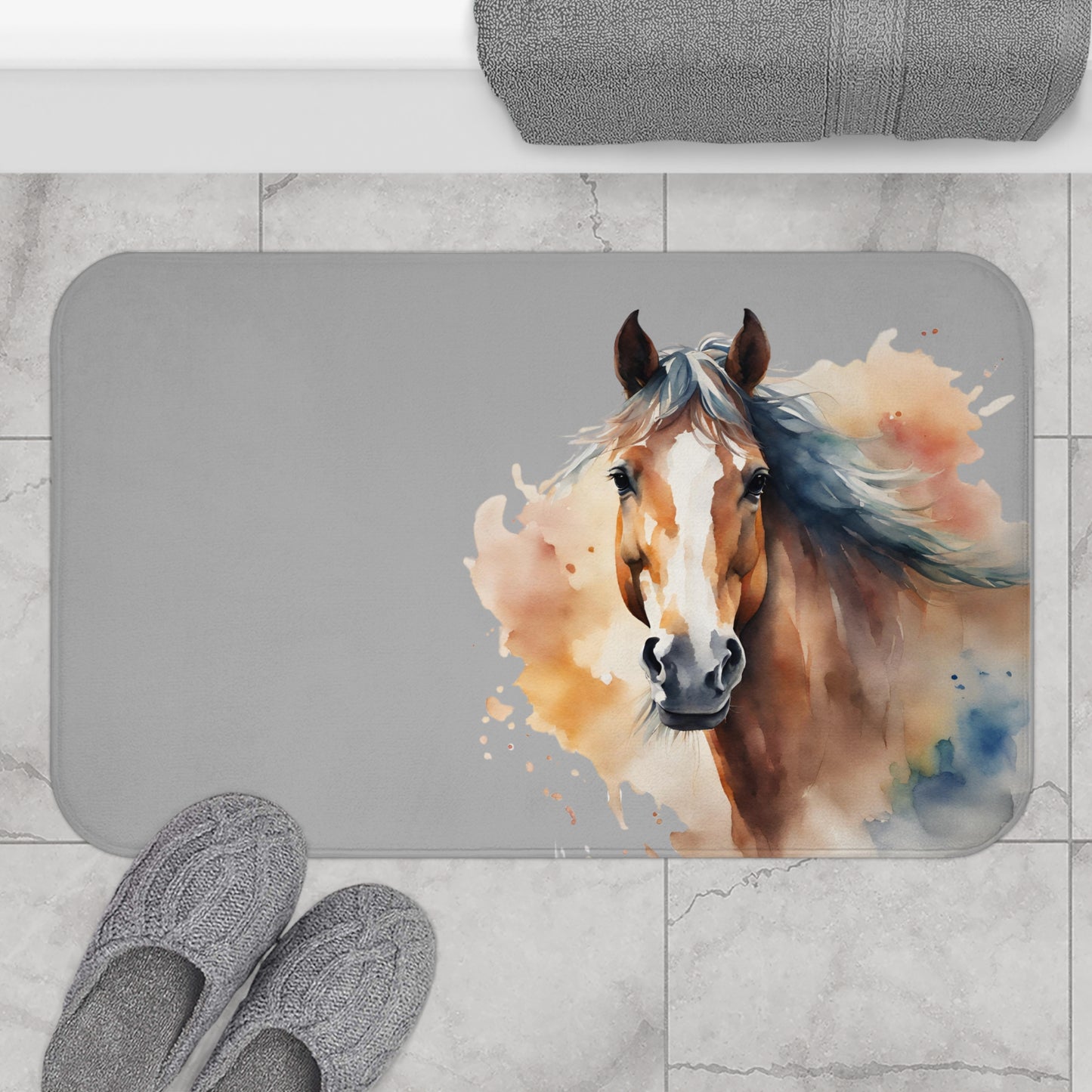 Watercolor Horse In Grey Bath Mat