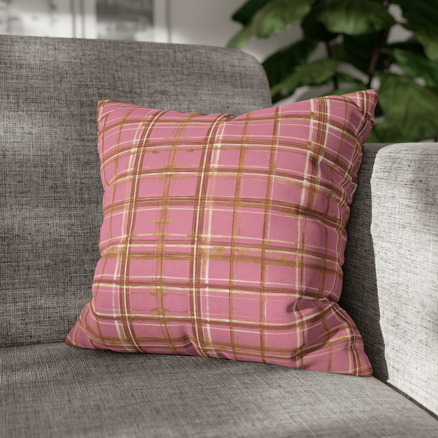 Pink And Gold Plaid Throw Pillow Cover