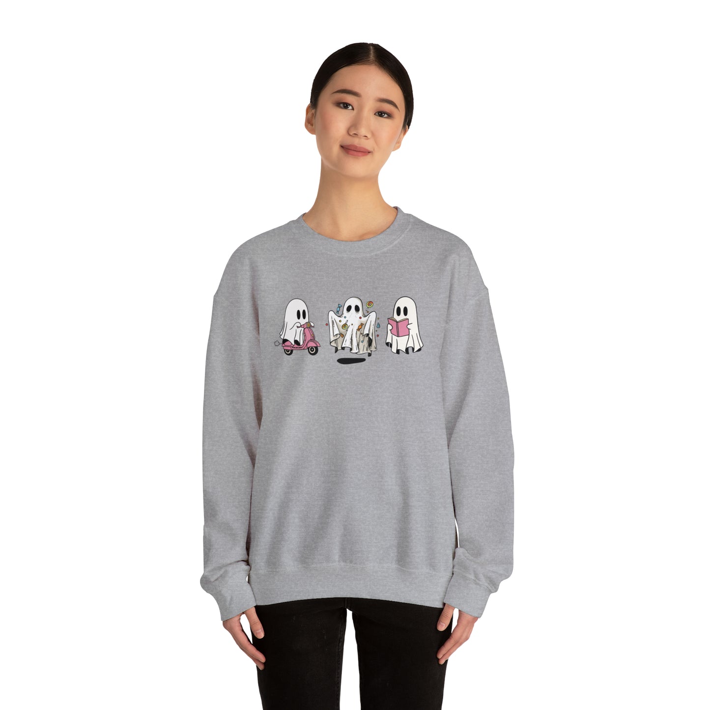 Halloween Vibes, Ghostly Trio, Heavy Blend™ Crewneck Sweatshirt (Available In Other Colors)