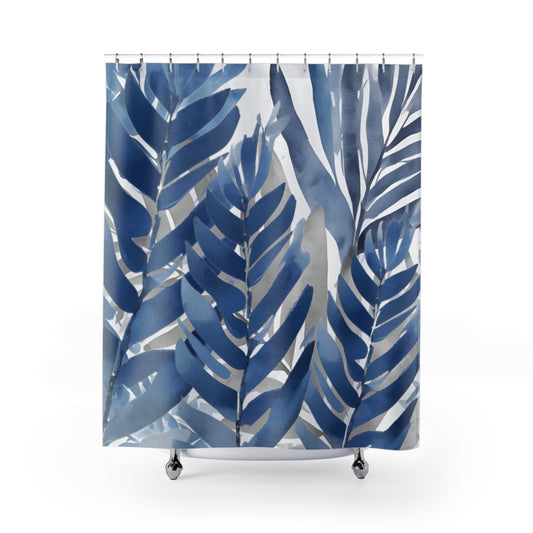 Blue White And Grey Tropical Leaves Shower Curtain