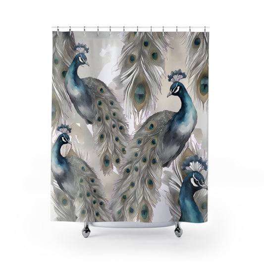 Multi Peacock Grey Blue And Cream Shower Curtain