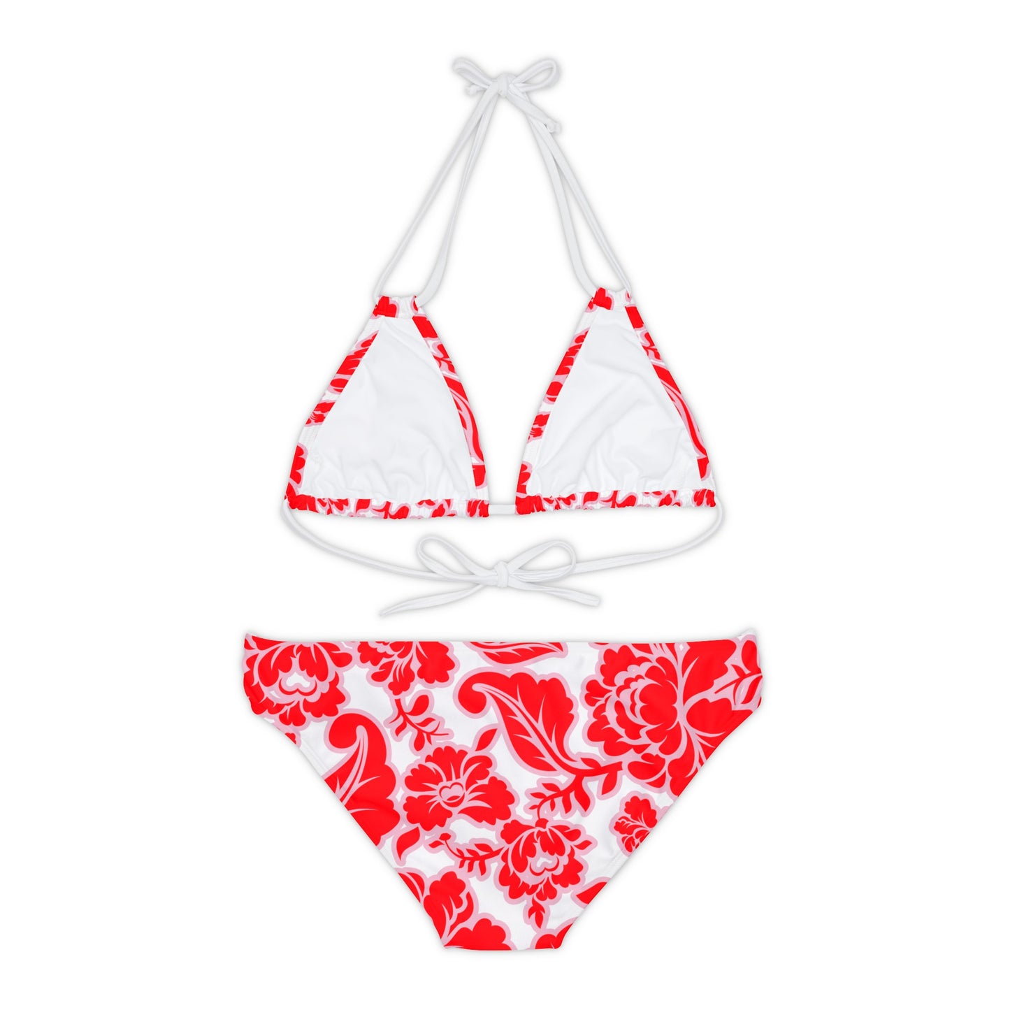 Red And Pink Graphic Floral On White Two-Piece String Bikini Set