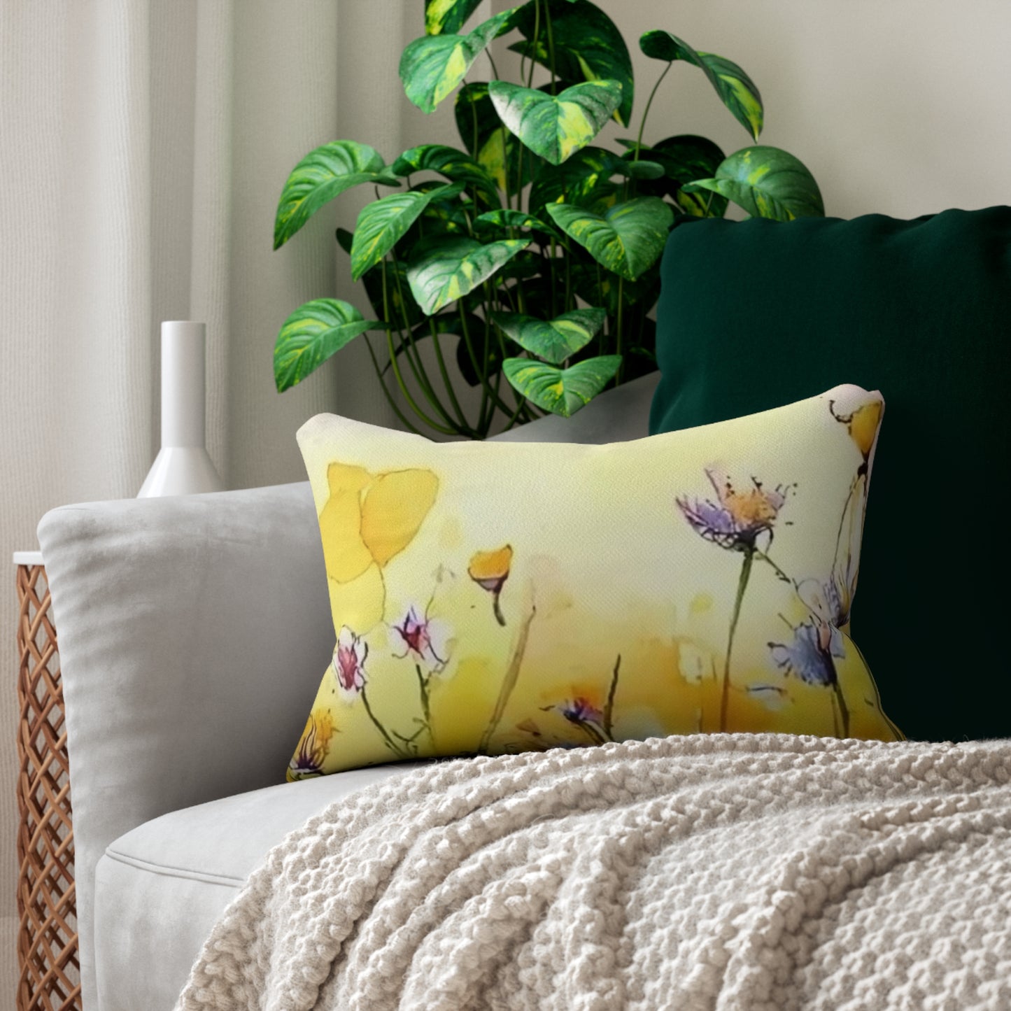 Soft Yellow Wildflower Lumbar Pillow