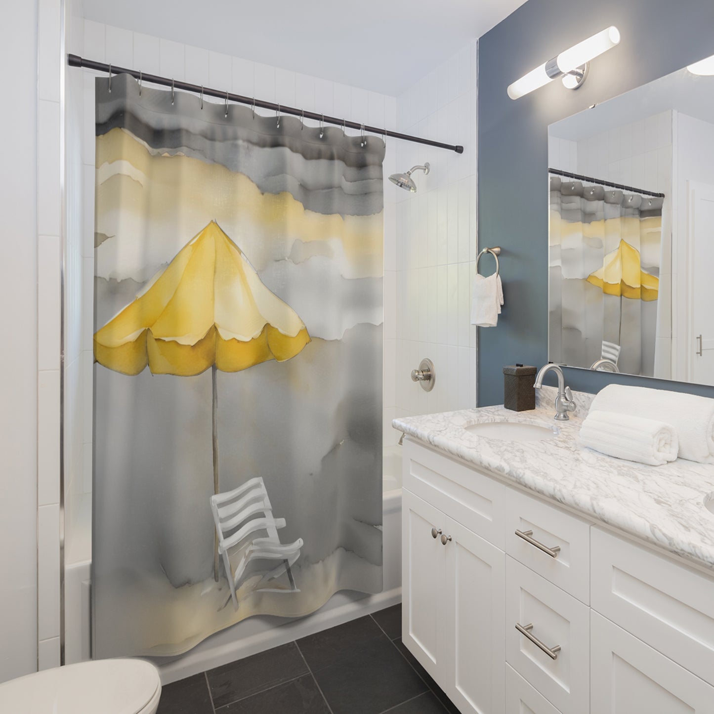 Yellow Umbrella Beach Scene Yellow Grey White Shower Curtain