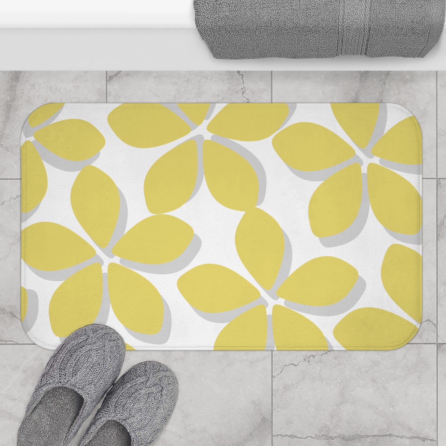 Grey And Yellow Flower Bath Mat