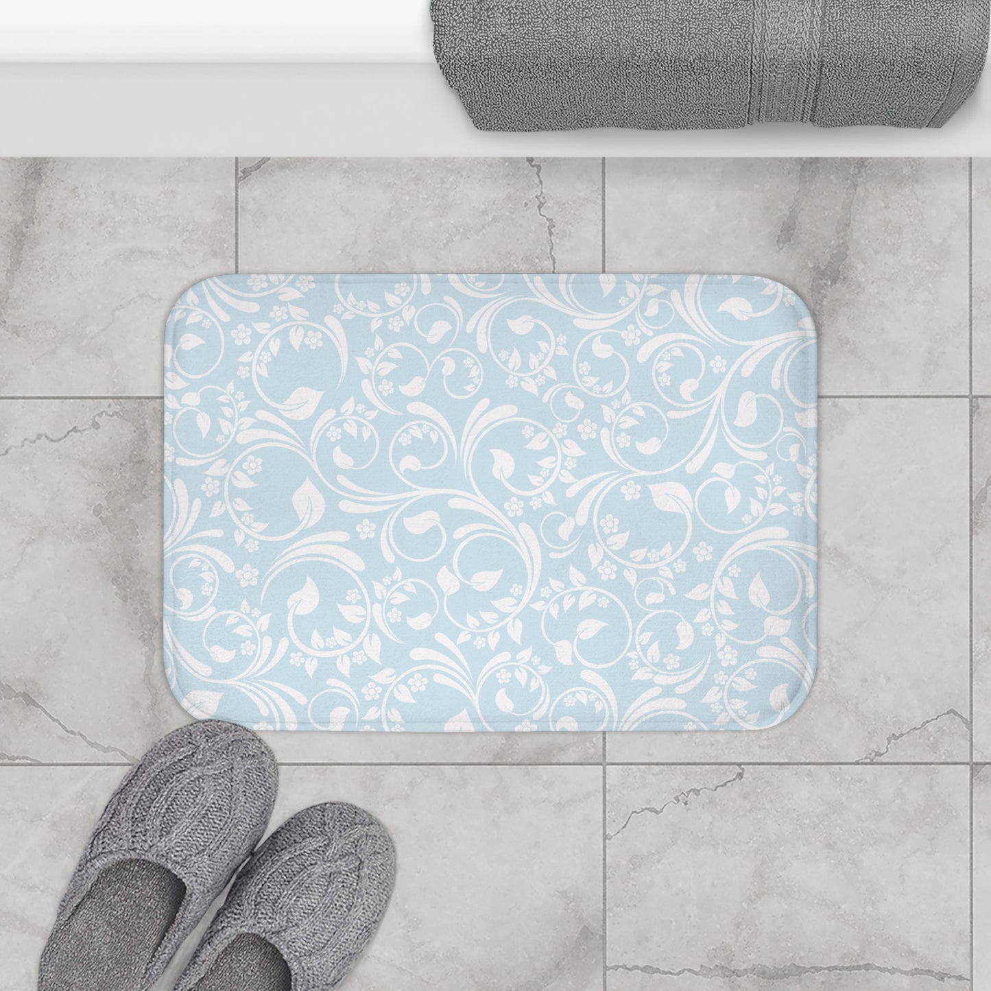 Blue And Light Grey Ornate Vine Floral Bath Mat