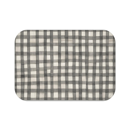 Grey And Cream Loose Checker Plaid Floral Bath Mat