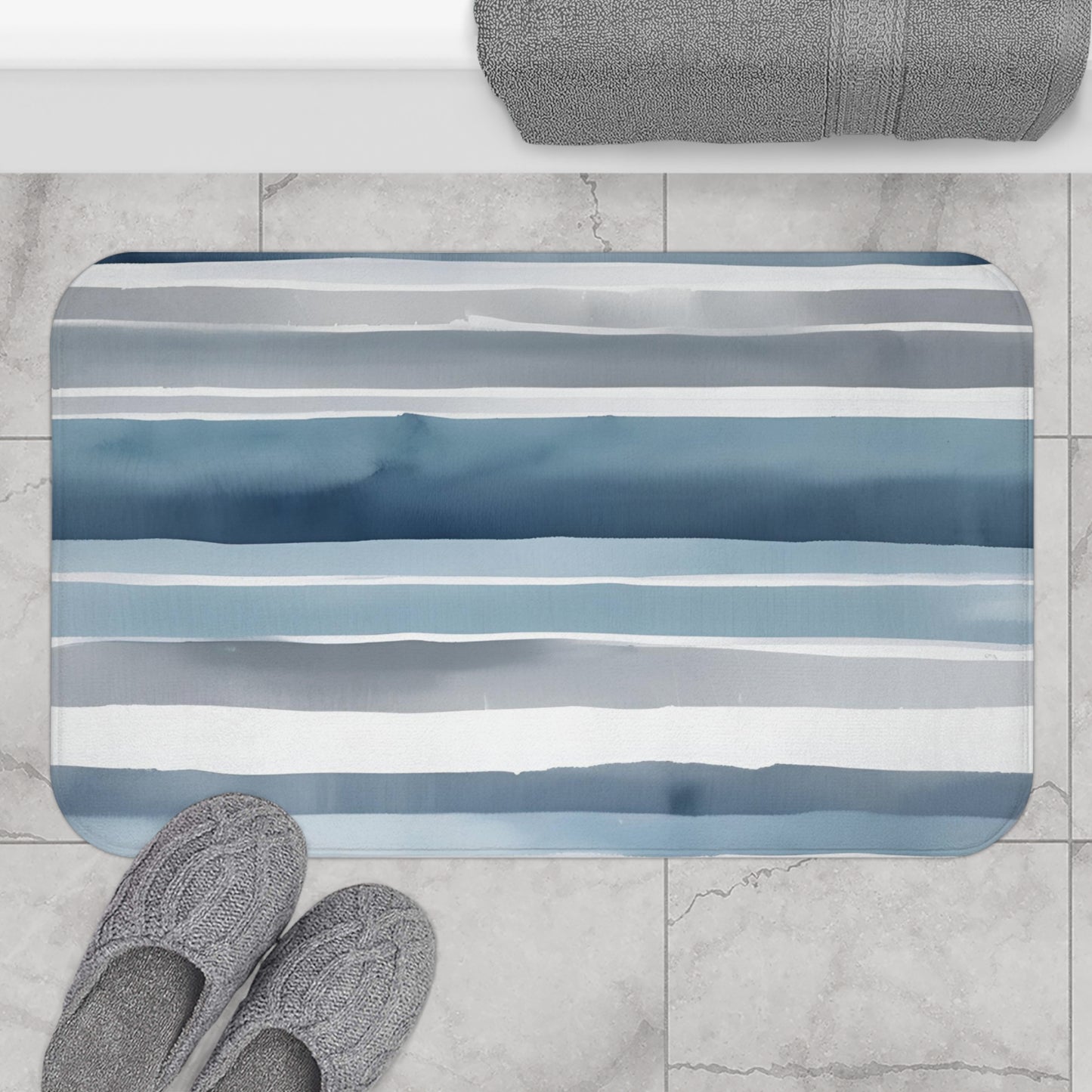 Blue Grey White Watercolor Striped Bath Mat