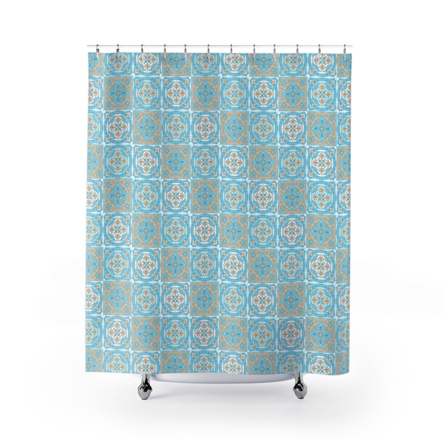 Blue Beige And White Moroccan Tile Shower Curtain