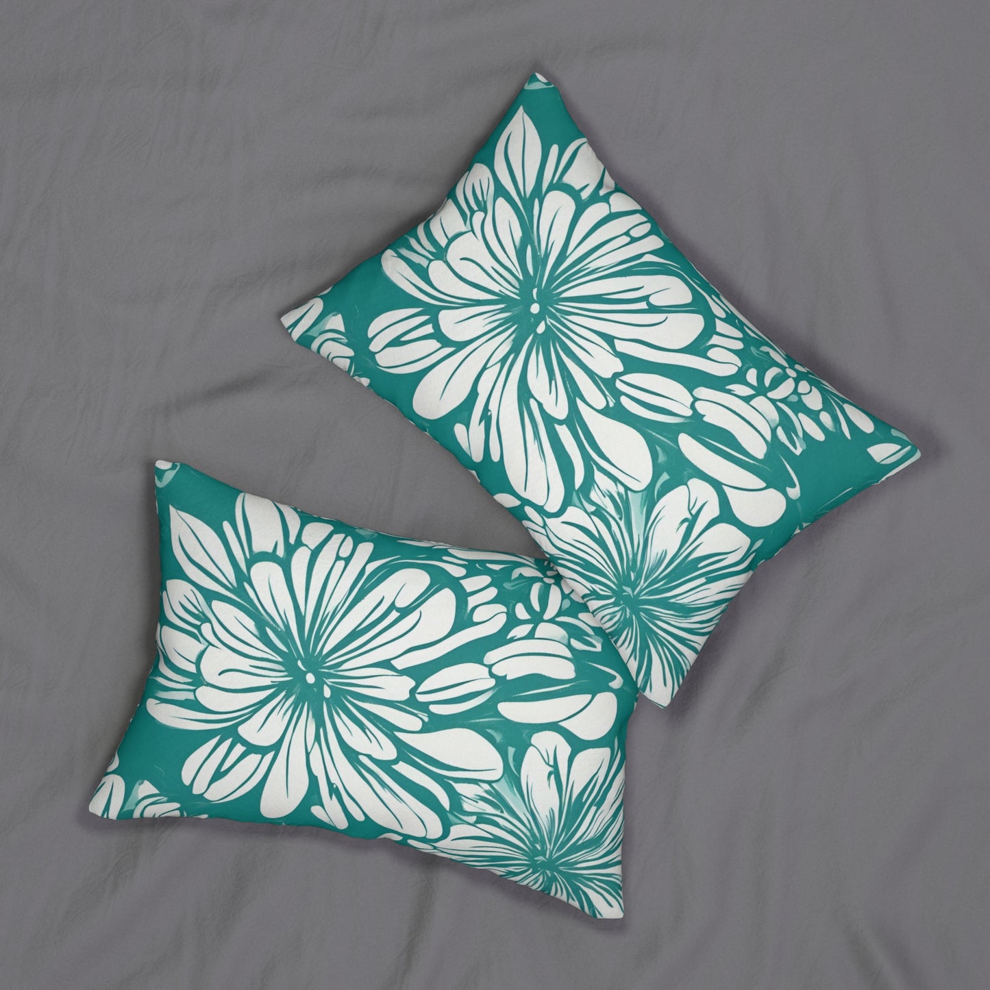 Turquoise And White Graphic Floral Lumbar Pillow