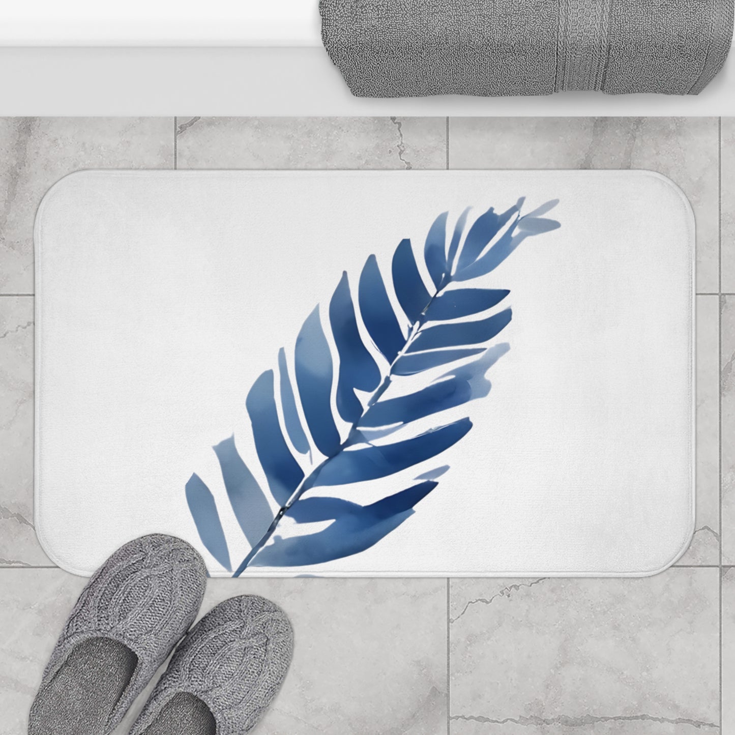 White And Blue Frond Floral Bath Mat