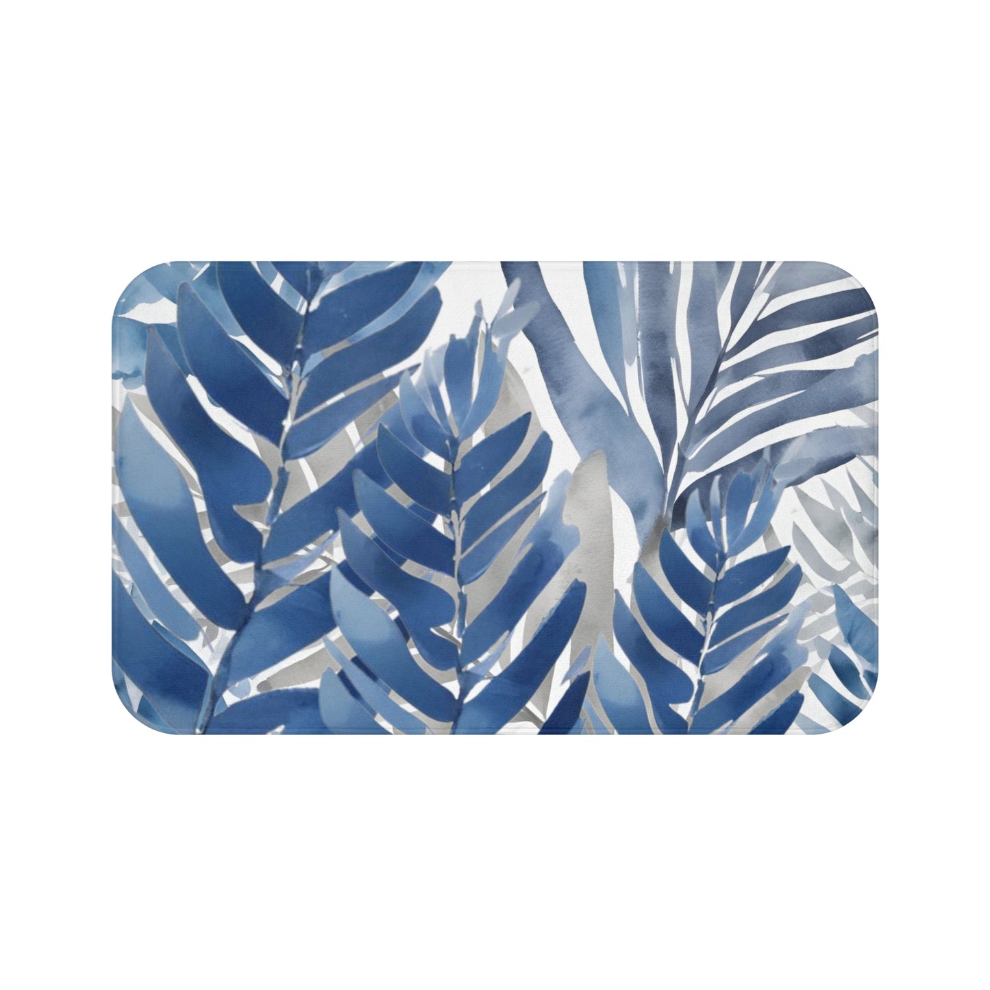 Blue Grey White Palm Fronds Floral Bath Mat