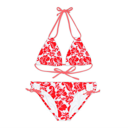 Red And Pink Graphic Floral On White Two-Piece String Bikini Set