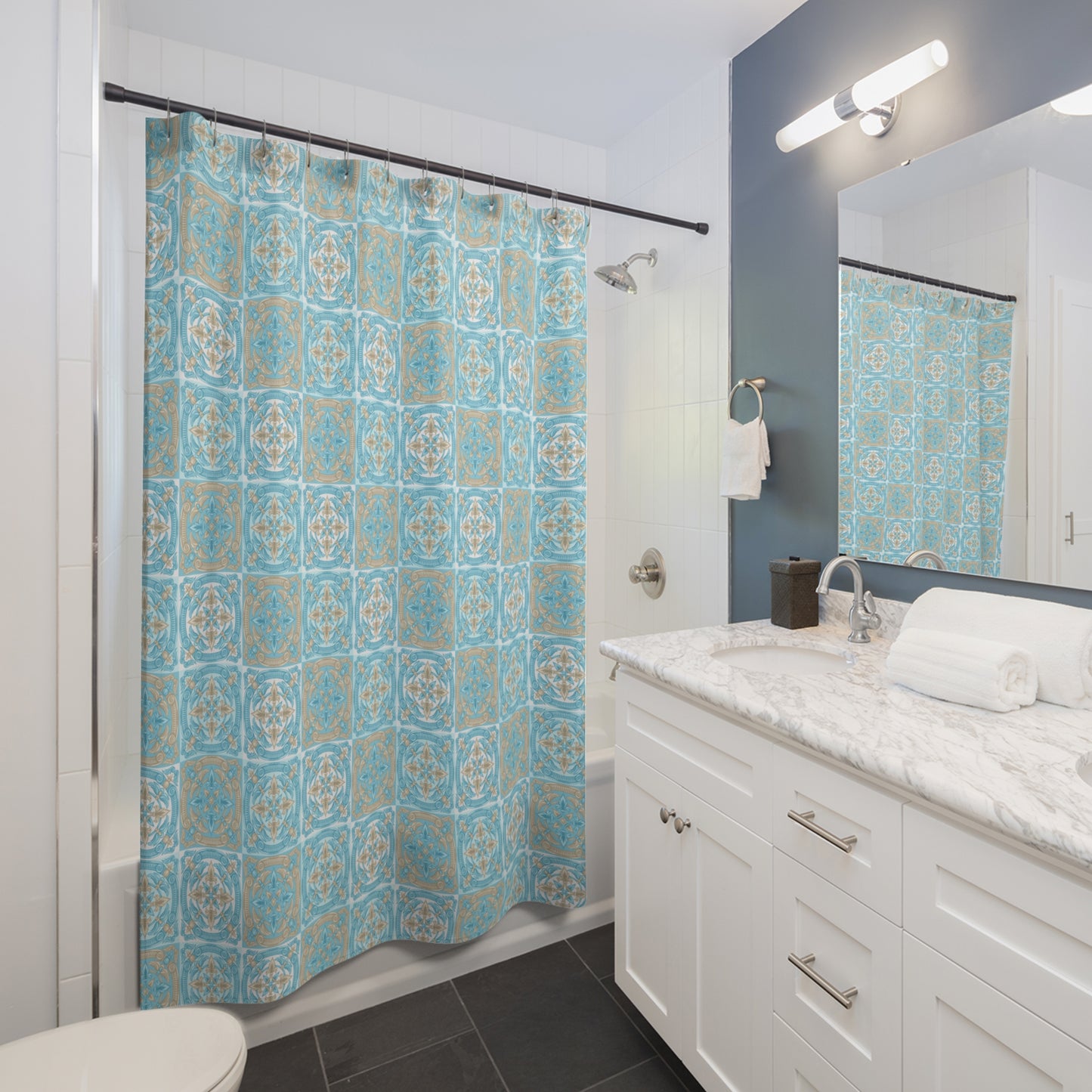 Blue Beige And White Moroccan Tile Shower Curtain