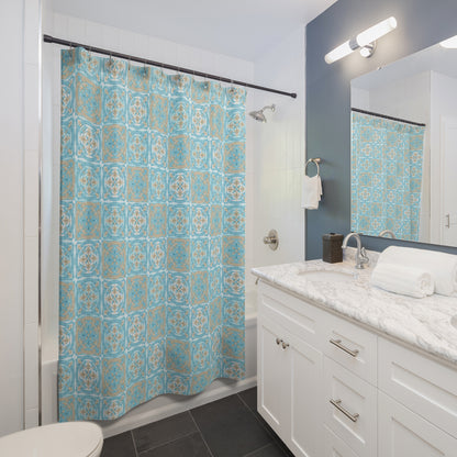 Blue Beige And White Moroccan Tile Shower Curtain