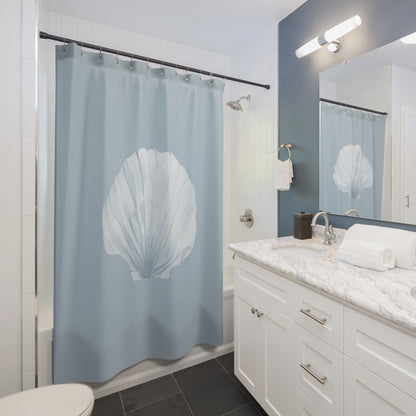 White Watercolor Seashell In Blue Shower Curtain