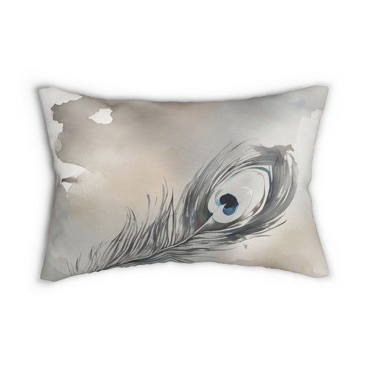 Peacock Feather Grey Cream And White Lumbar Pillow