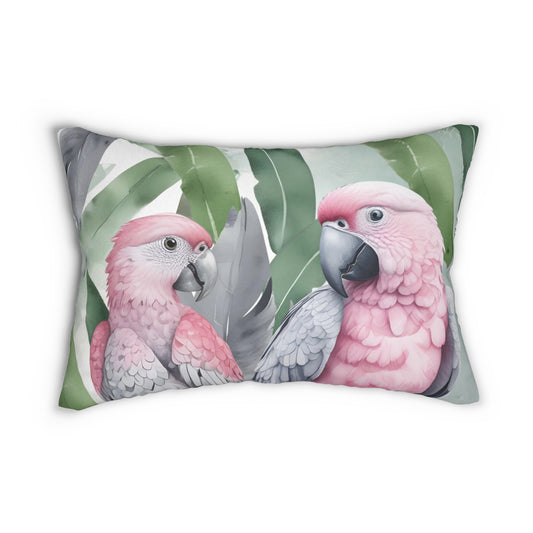 Muted Tones Of Pink Grey And Green Sweetheart Parrot Lumbar Pillow
