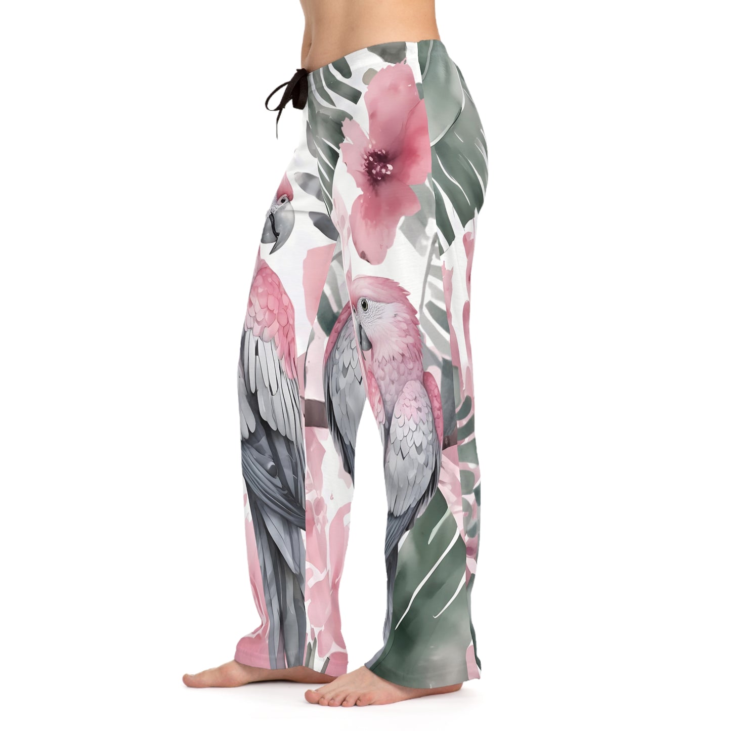 Playful Parrots In Muted Tones Of Grey Green And Pink Pajammy Pants