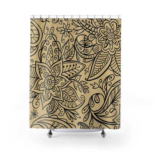 Gold And Black Graphic Floral Shower Curtain