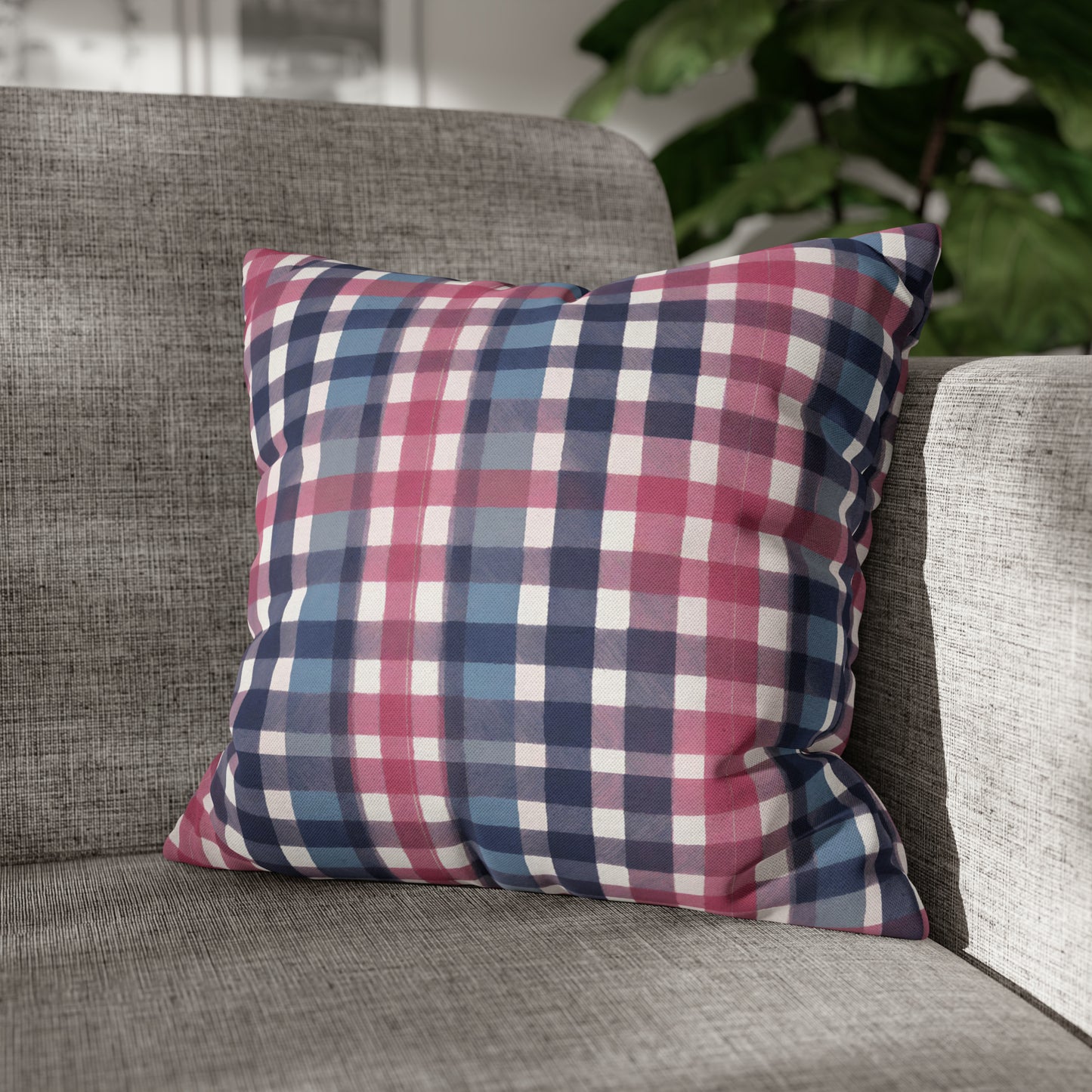 Pink, Blue, And White Checkered Plaid Throw Pillow Cover